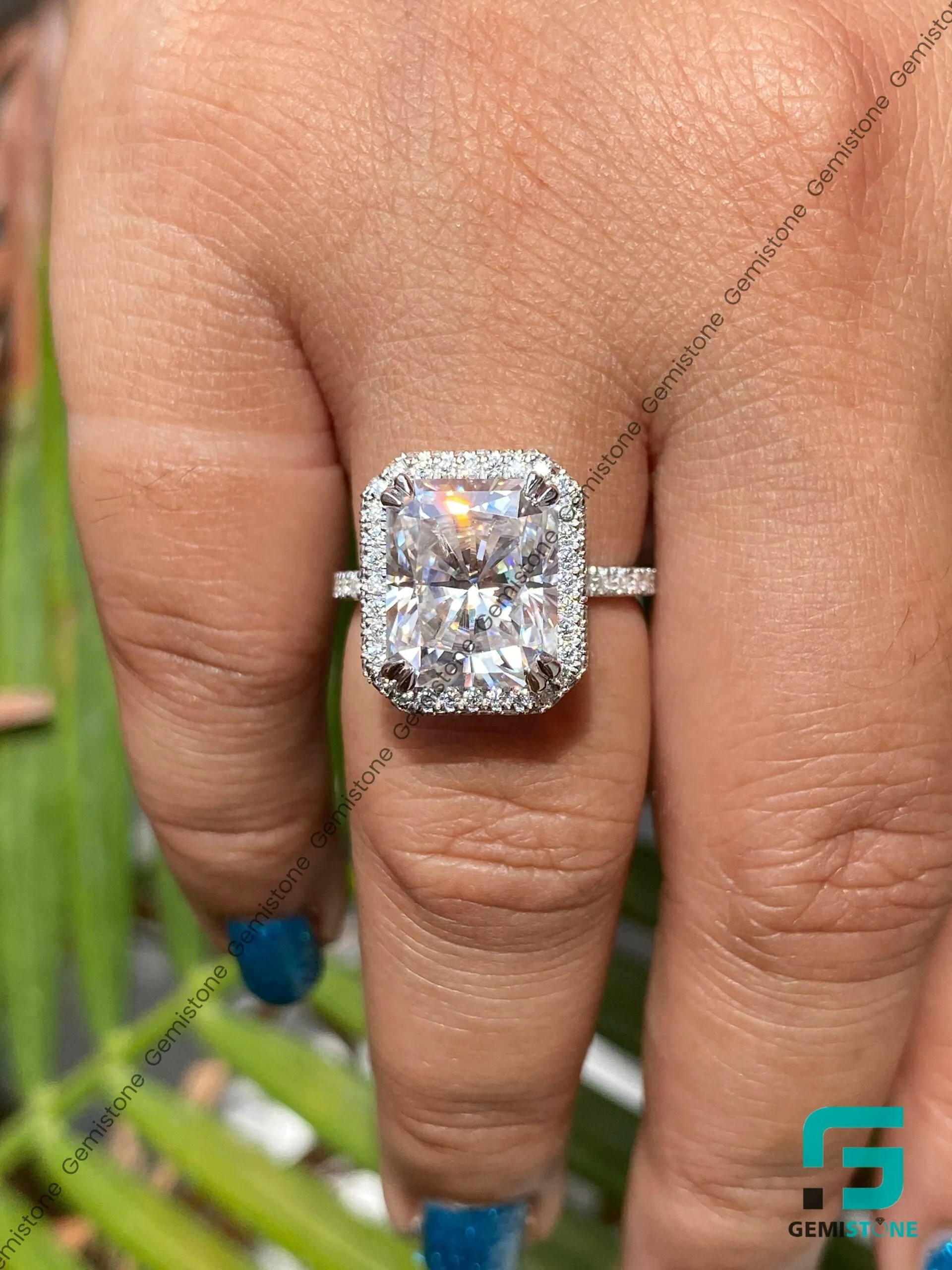 Unique Pave Setting Moissanite 5 CT Halo Radiant Engagement Ring