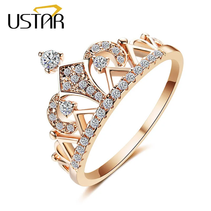 USTAR Princess Crown Rings for women AAA cubic zirconia micro pave setting engagement wedding rings female Anel accessories