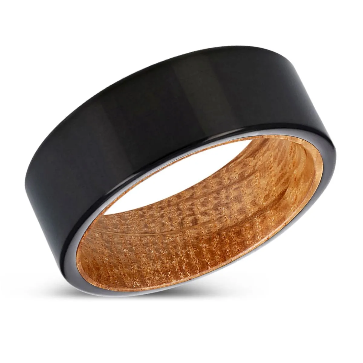VALENTIN | Whiskey Barrel Wood, Black Tungsten Ring, Shiny, Flat