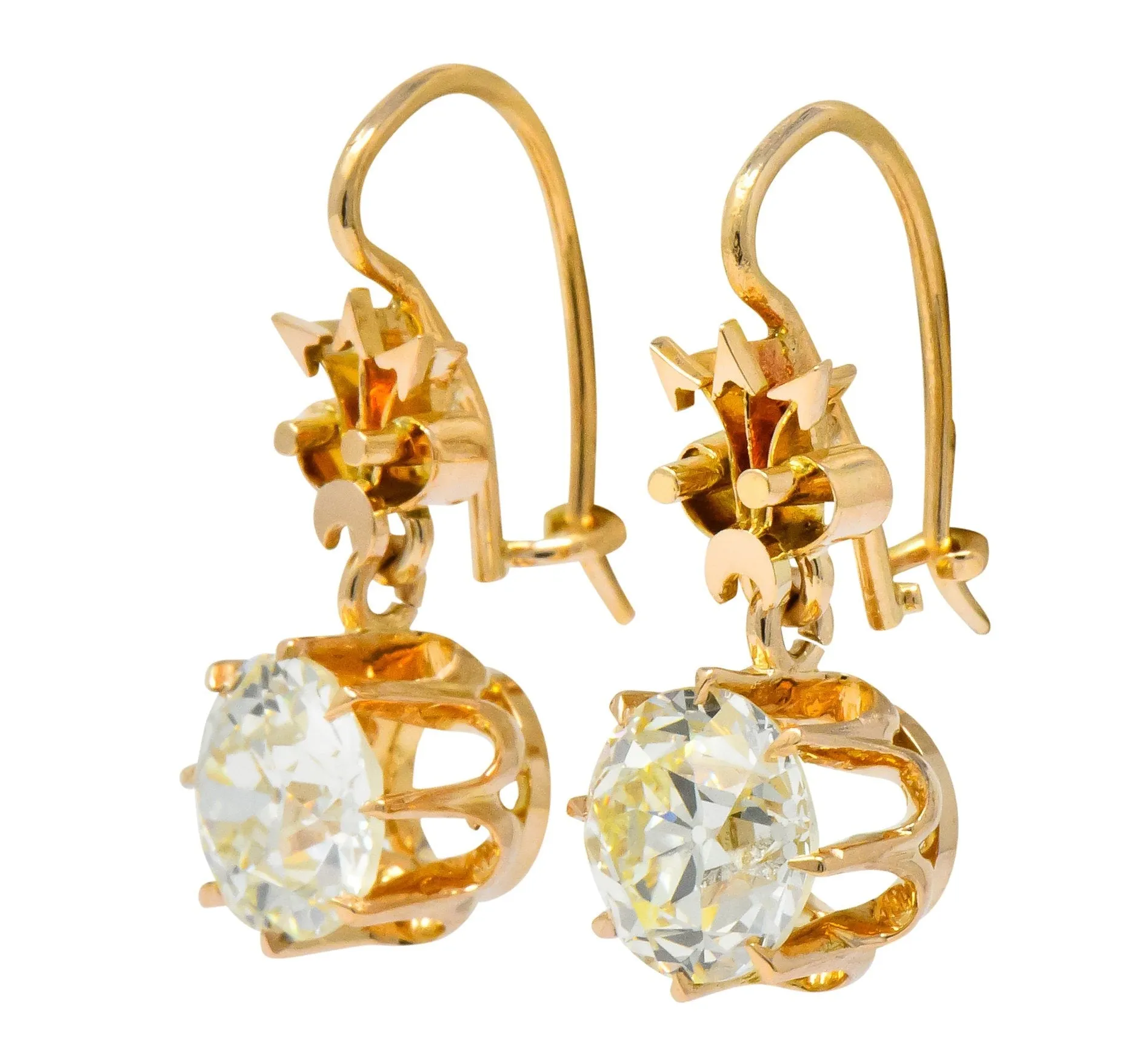 Victorian 5.06 CTW Old European Cut Diamond Drop 14 Karat Gold Earrings GIA