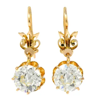 Victorian 5.06 CTW Old European Cut Diamond Drop 14 Karat Gold Earrings GIA