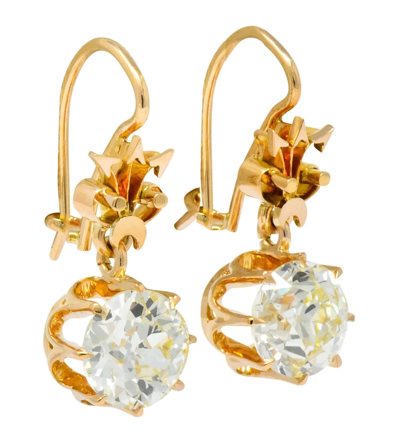 Victorian 5.06 CTW Old European Cut Diamond Drop 14 Karat Gold Earrings GIA