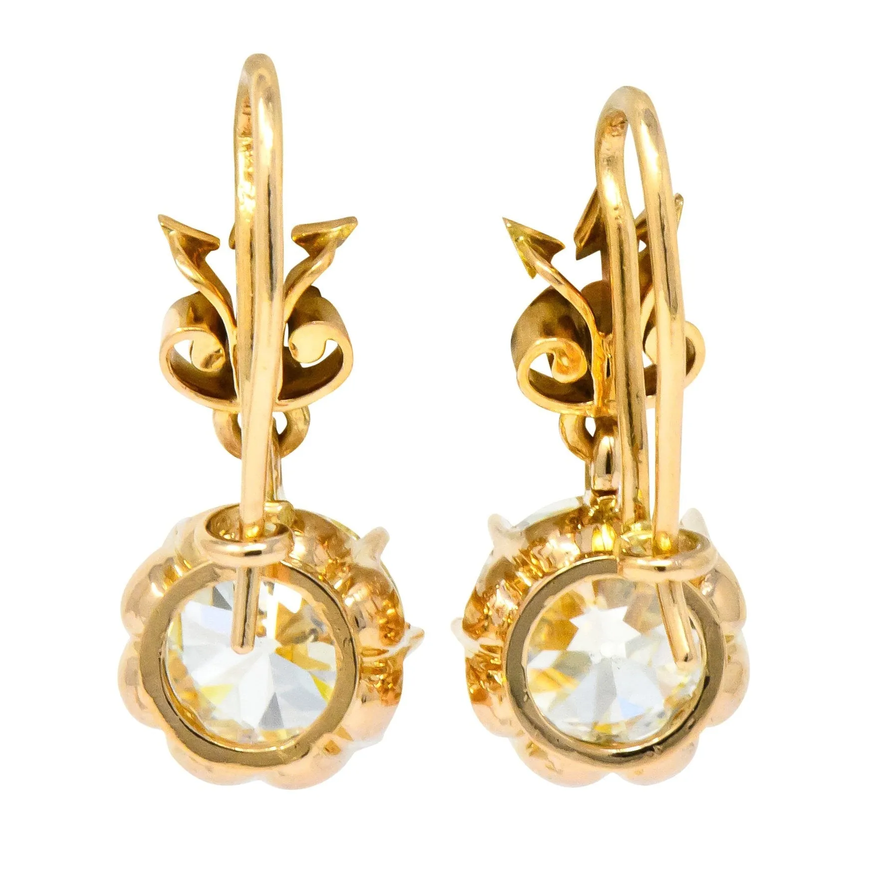 Victorian 5.06 CTW Old European Cut Diamond Drop 14 Karat Gold Earrings GIA
