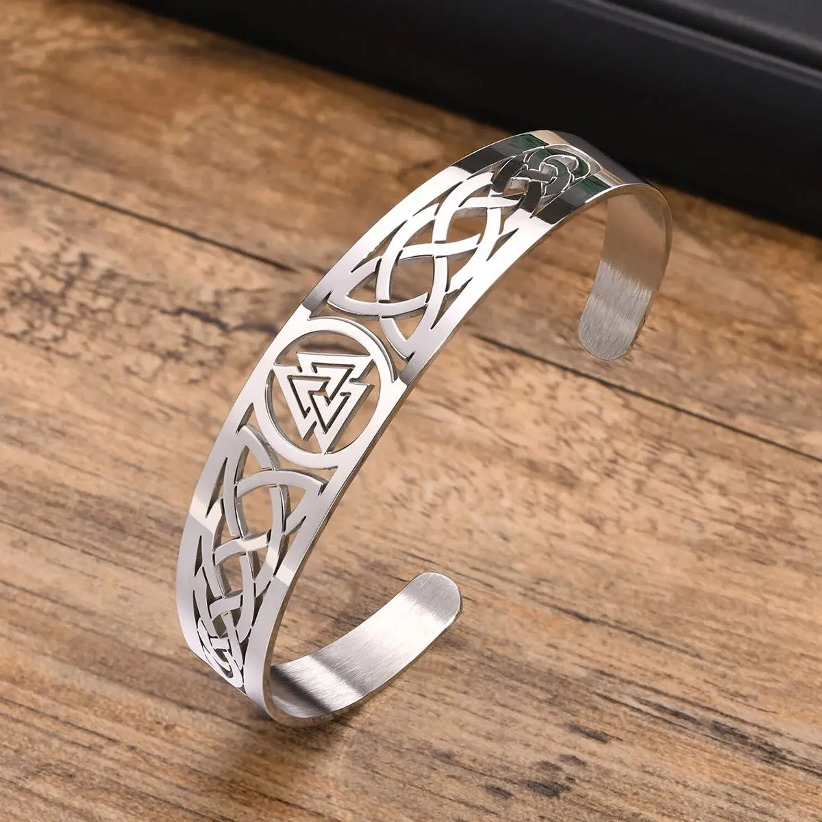 Viking - Nordic Viking Knot Bracelets for Men, Black Silver Color Hollow Stainless Steel Cuff Bangle, Amulet Protection Wristband