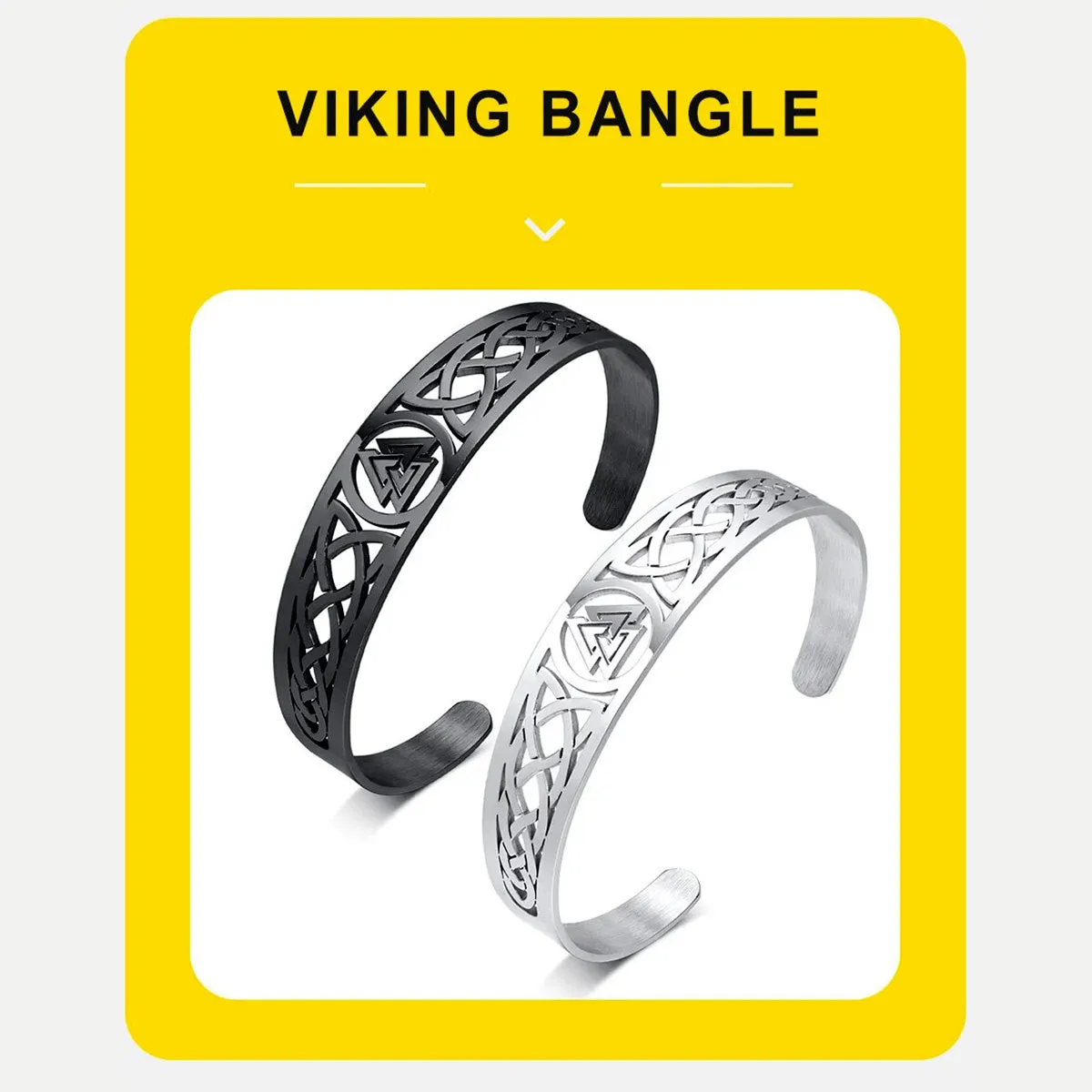 Viking - Nordic Viking Knot Bracelets for Men, Black Silver Color Hollow Stainless Steel Cuff Bangle, Amulet Protection Wristband