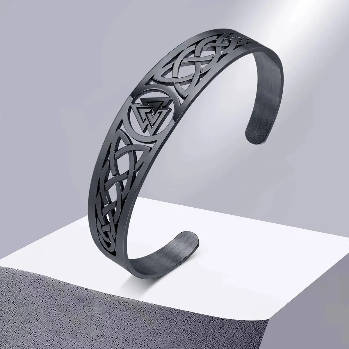 Viking - Nordic Viking Knot Bracelets for Men, Black Silver Color Hollow Stainless Steel Cuff Bangle, Amulet Protection Wristband