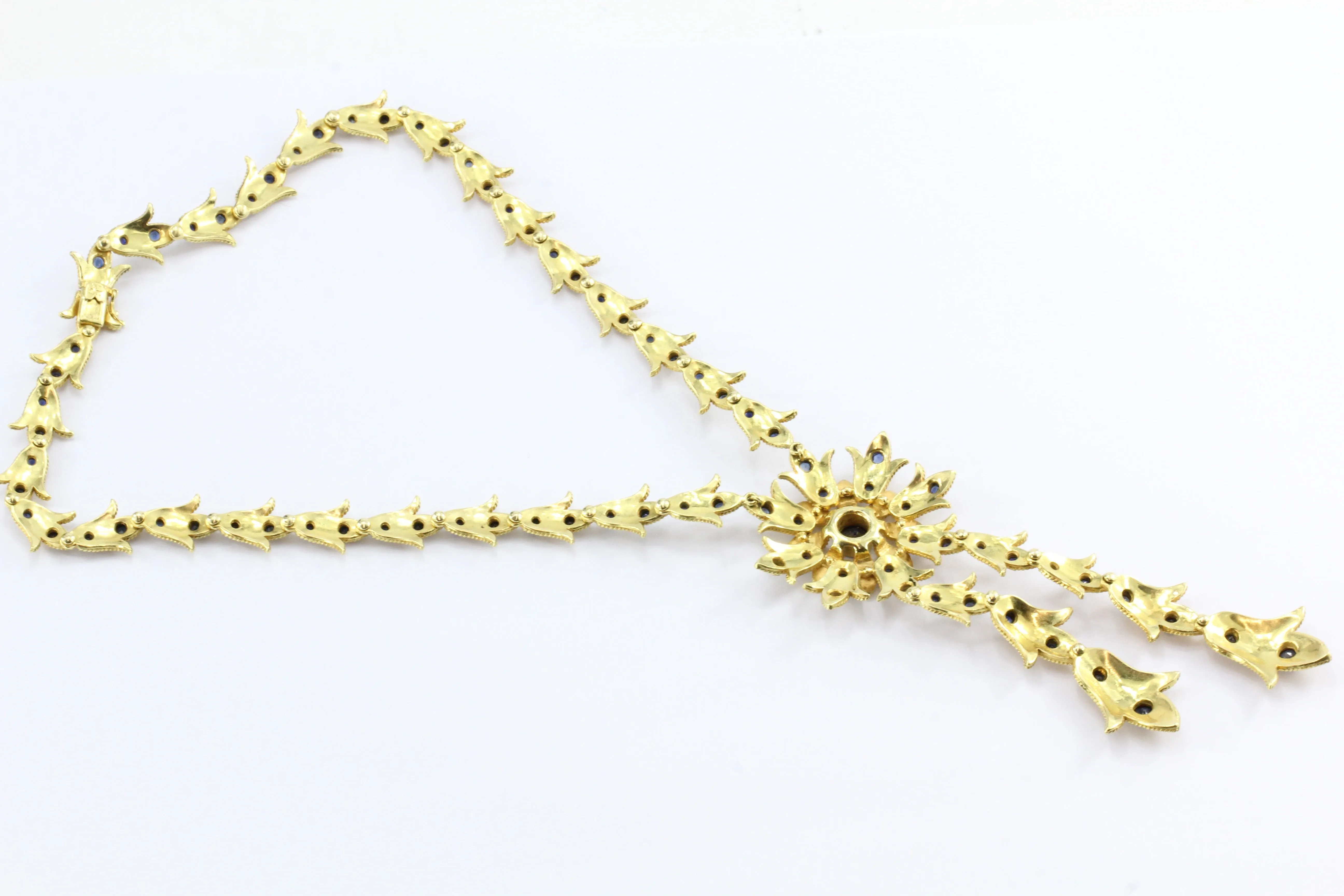 Vintage Greek / Greece 18K Gold Blue Sapphire Florette Necklace 7.5 ctw