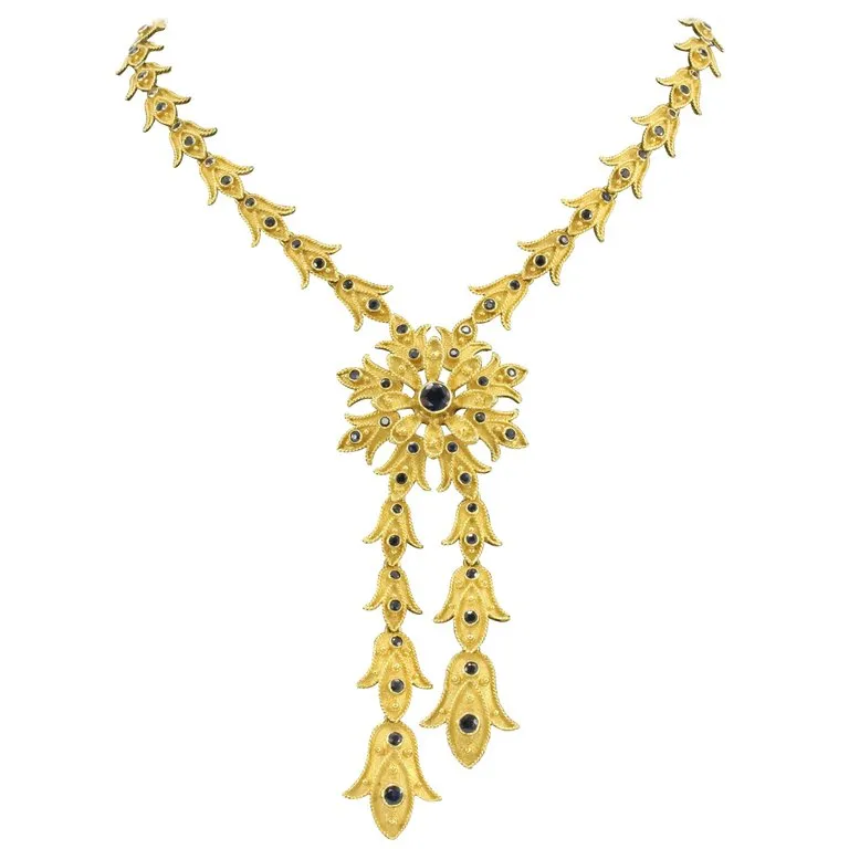 Vintage Greek / Greece 18K Gold Blue Sapphire Florette Necklace 7.5 ctw