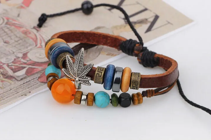 Vintage Handmade Maple beads Leather Adjustable Bracelet Wristband Jewelry Bijouterie Unisex Girls Woman