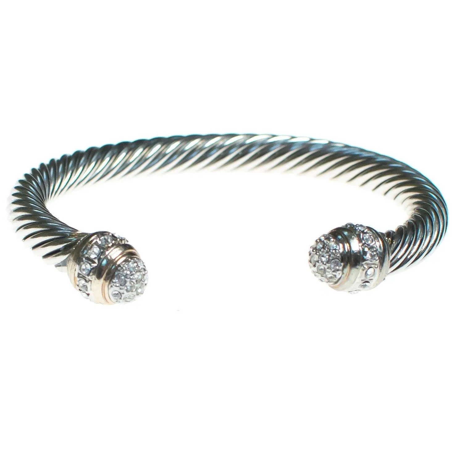 Vintage Silver Cable Open Cuff Bracelet with Pave Crystal Tips