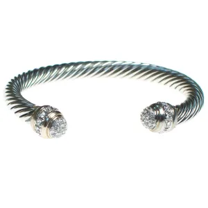Vintage Silver Cable Open Cuff Bracelet with Pave Crystal Tips
