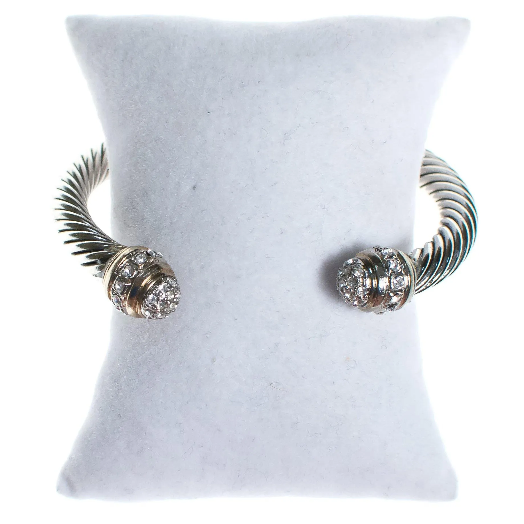 Vintage Silver Cable Open Cuff Bracelet with Pave Crystal Tips