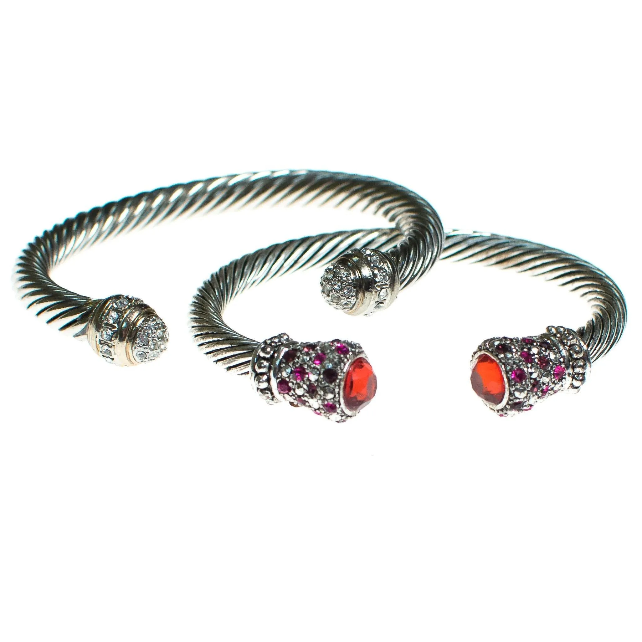 Vintage Silver Cable Open Cuff Bracelet with Pave Crystal Tips