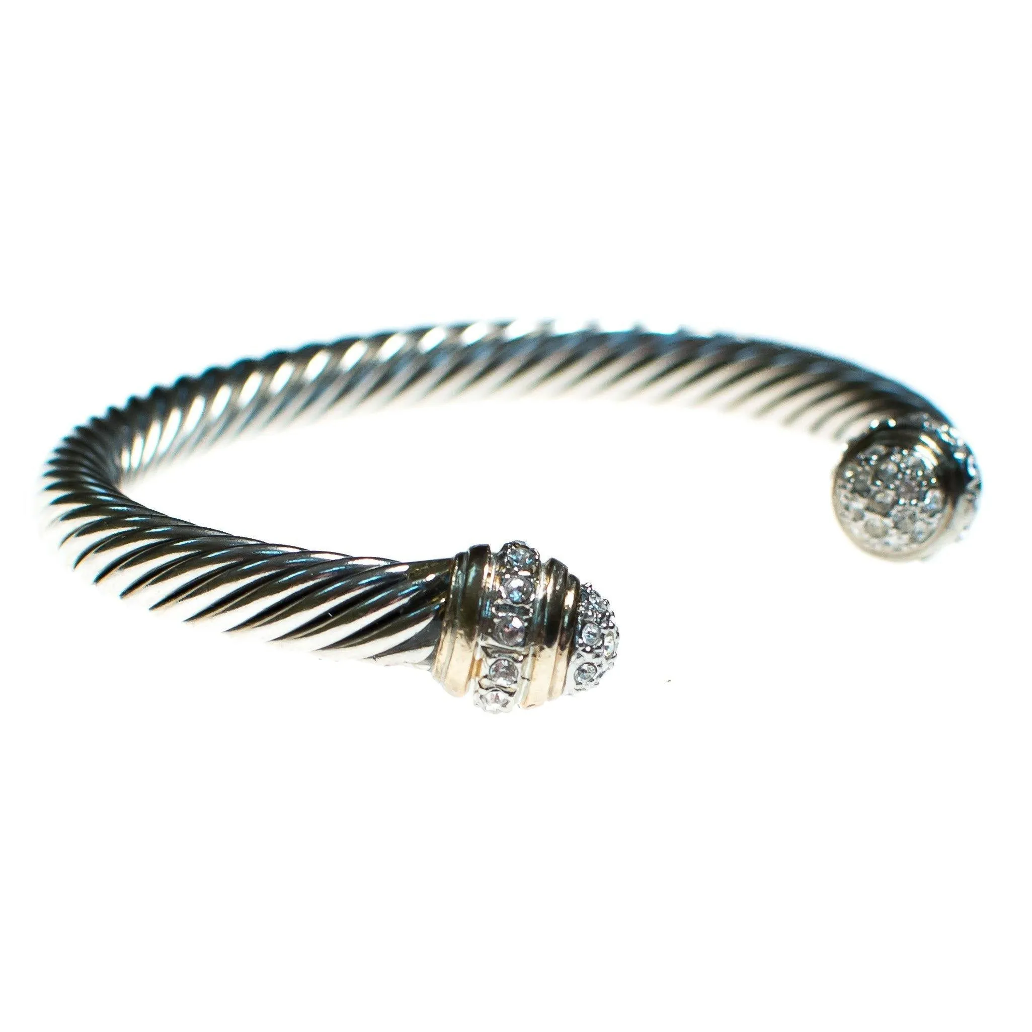 Vintage Silver Cable Open Cuff Bracelet with Pave Crystal Tips