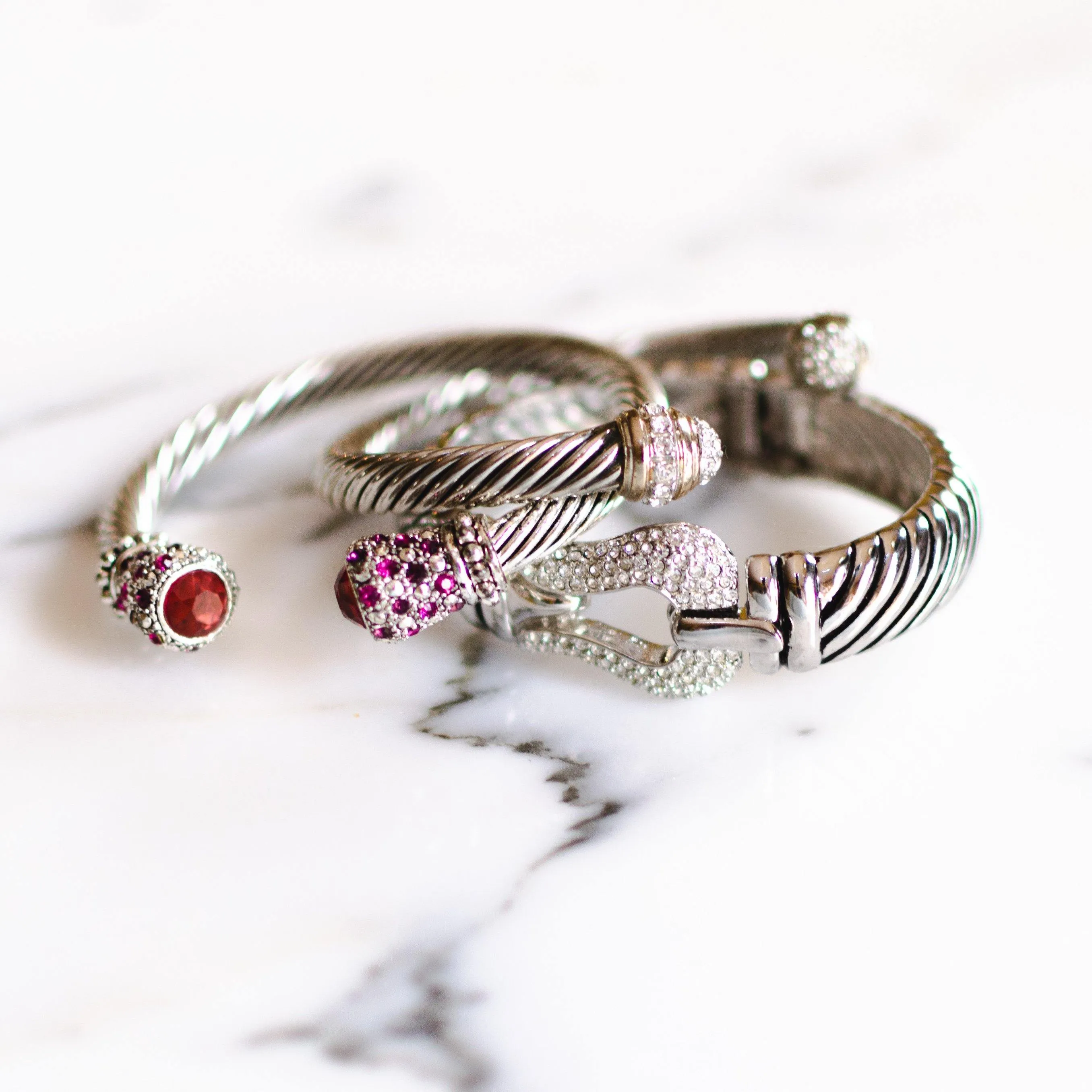 Vintage Silver Cable Open Cuff Bracelet with Pave Crystal Tips