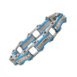 VJ1104 Two Tone Silver and Turquoise Ladies Bike Chain Bracelet with White Crystal Centers