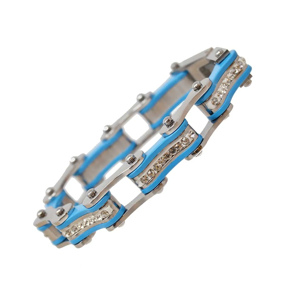 VJ1104 Two Tone Silver and Turquoise Ladies Bike Chain Bracelet with White Crystal Centers