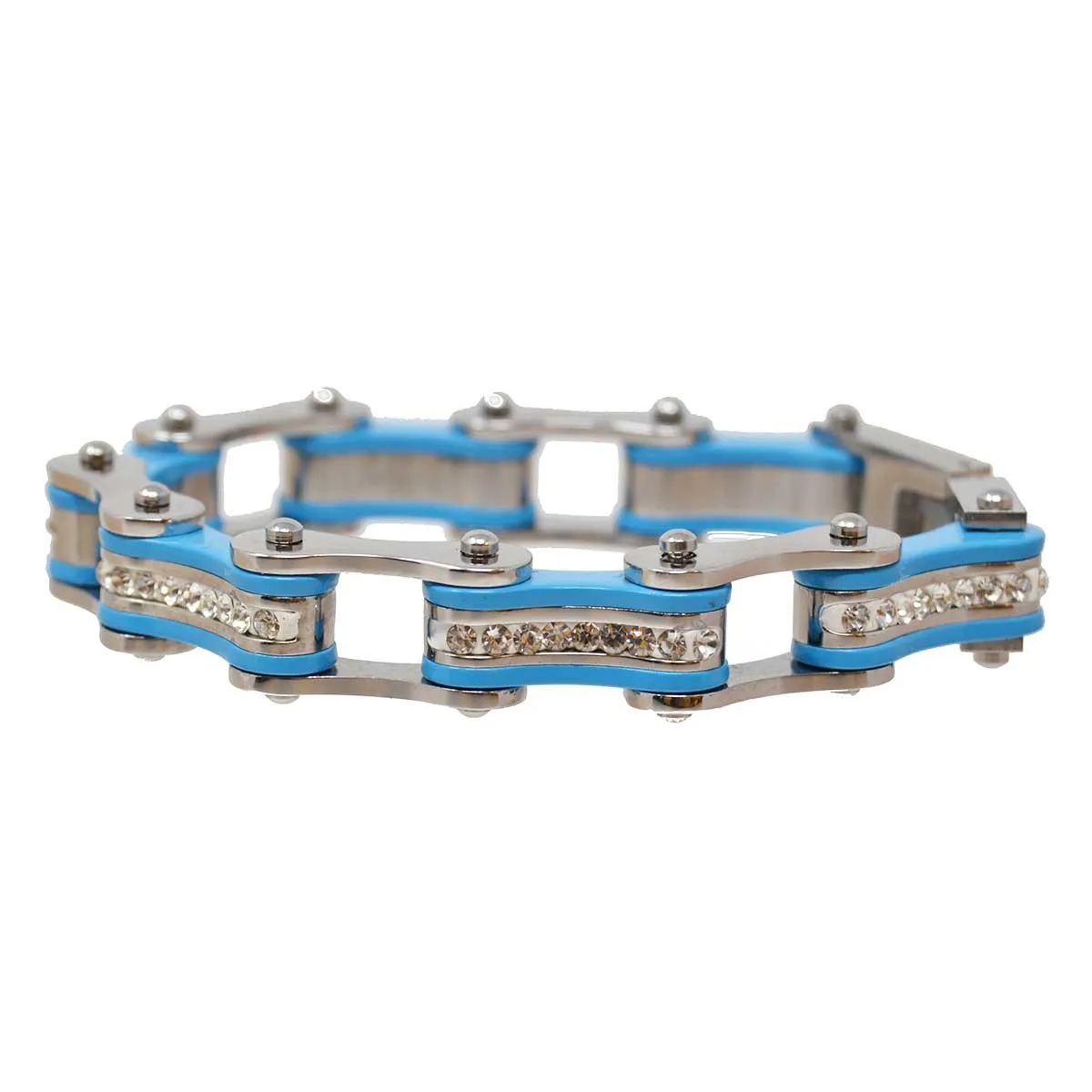 VJ1104 Two Tone Silver and Turquoise Ladies Bike Chain Bracelet with White Crystal Centers