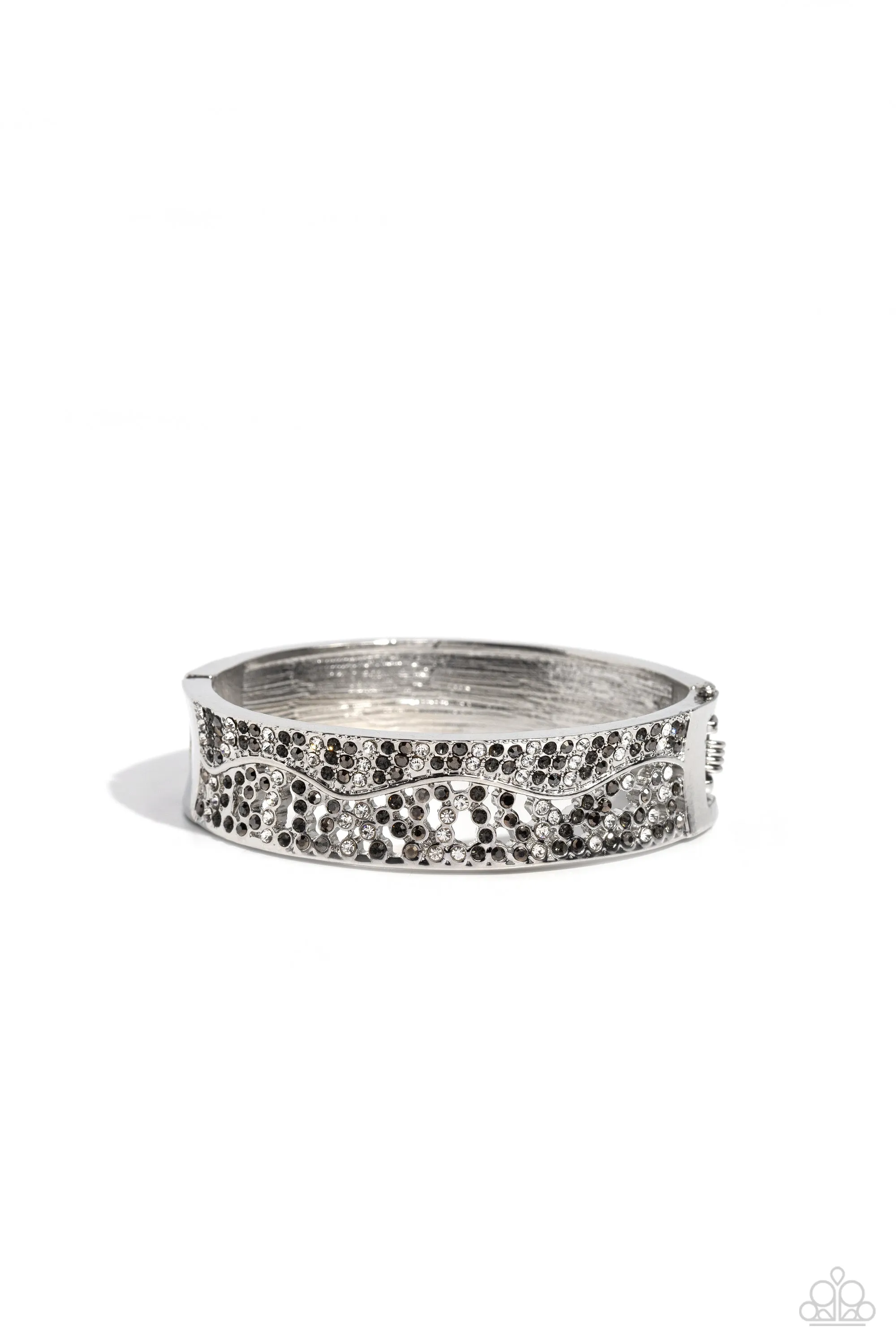 Wavy Whimsy - Silver - Hematite, Black, and White Rhinestone Paparazzi Hinge Bracelet