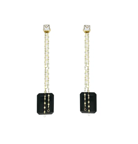 White Topaz   Onyx Mirror Chain Earrings