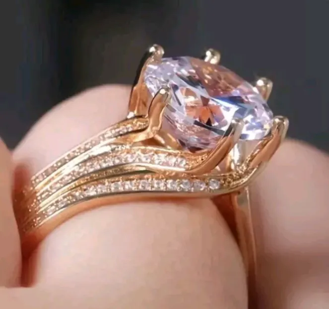Women's Wedding Fancy Ring 14k Yellow Gold Plated 3Ct Round Moissanite Size 7