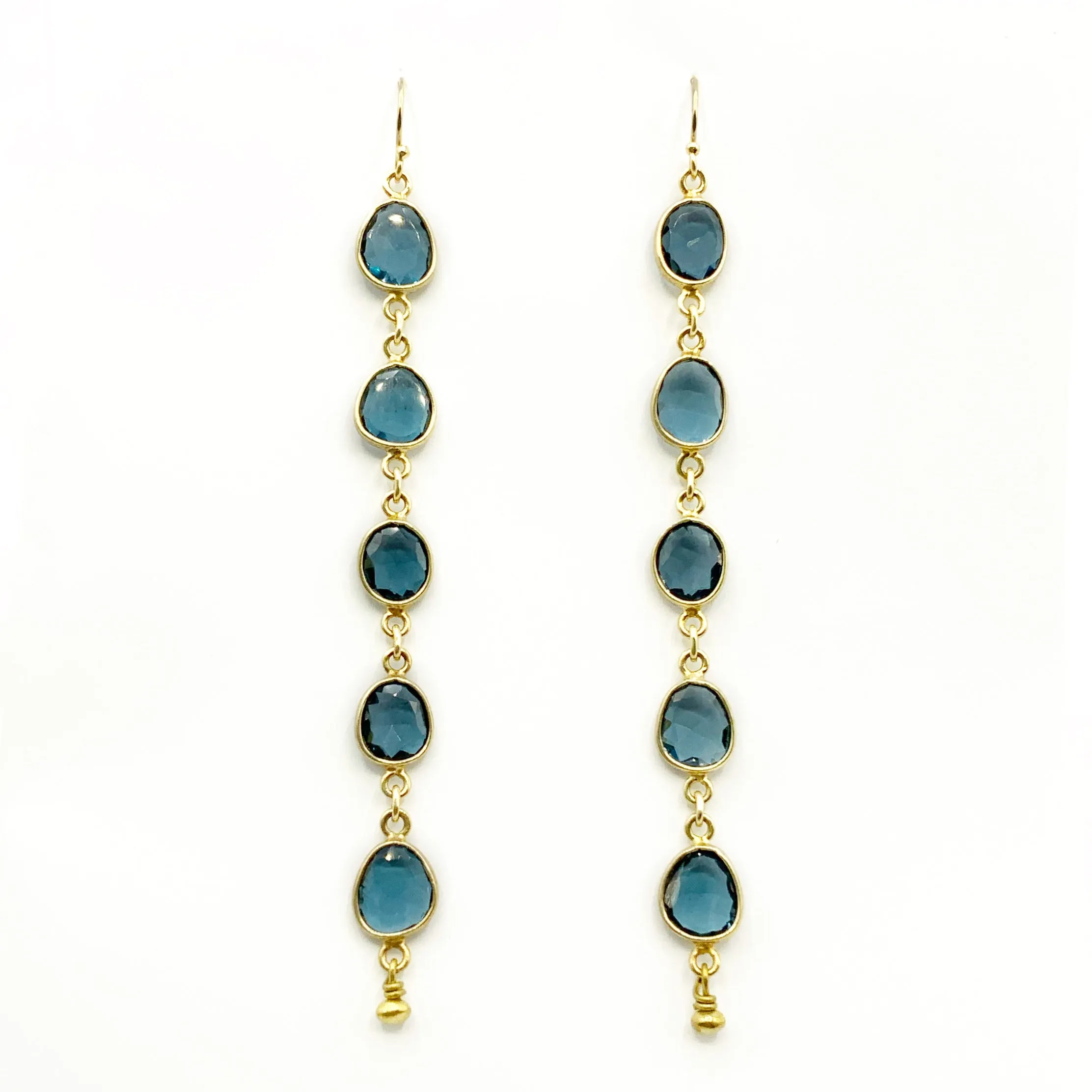 Yellow Gold Plated Oval Blue Topaz Drop Earrings