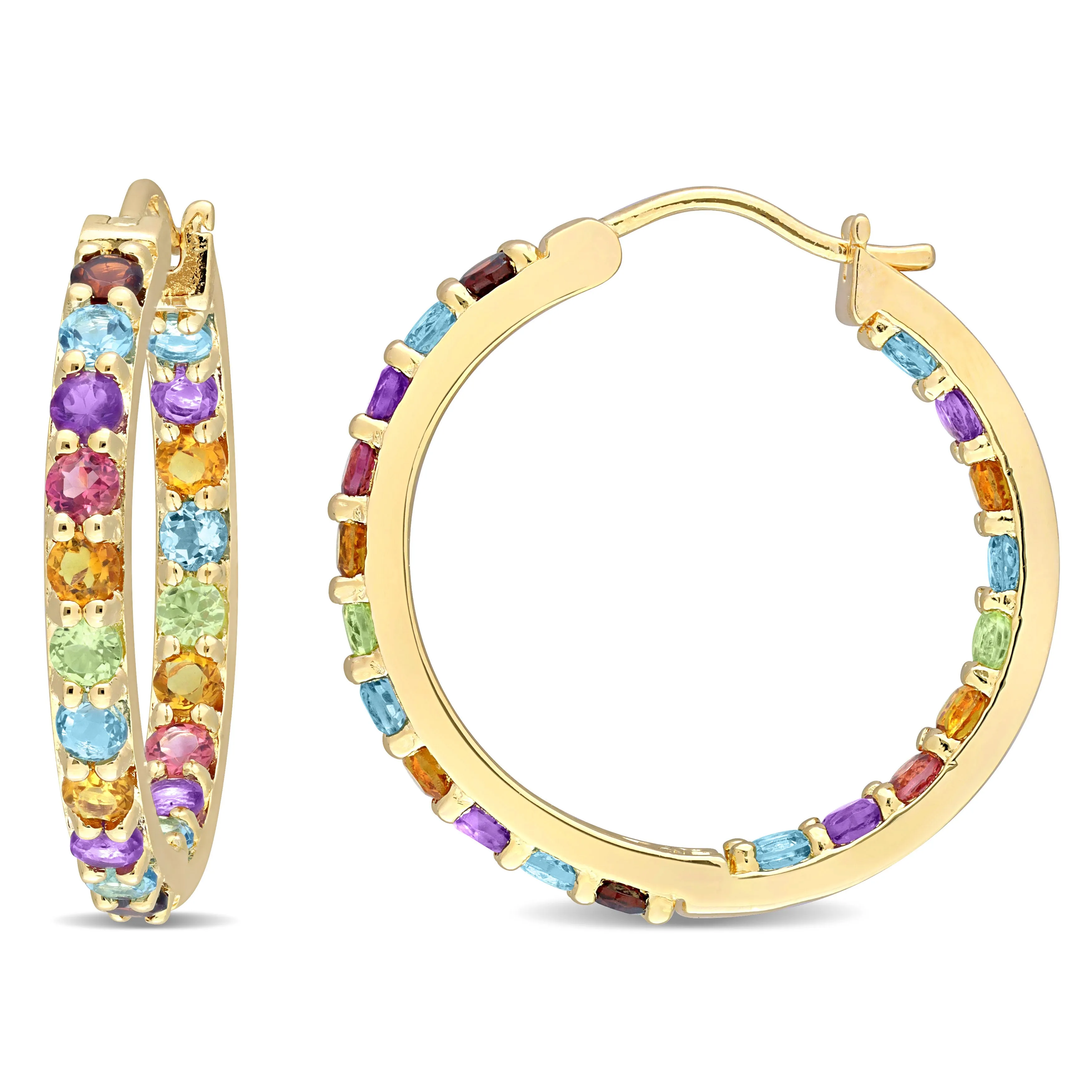 Yellow Silver Gemstone Pattern Hoop Earrings