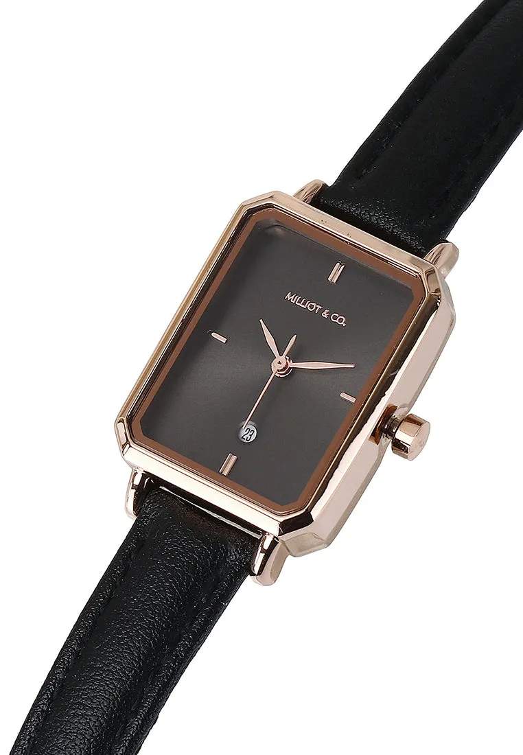 Zara Rose Gold Leather Analogue Watch (Black)