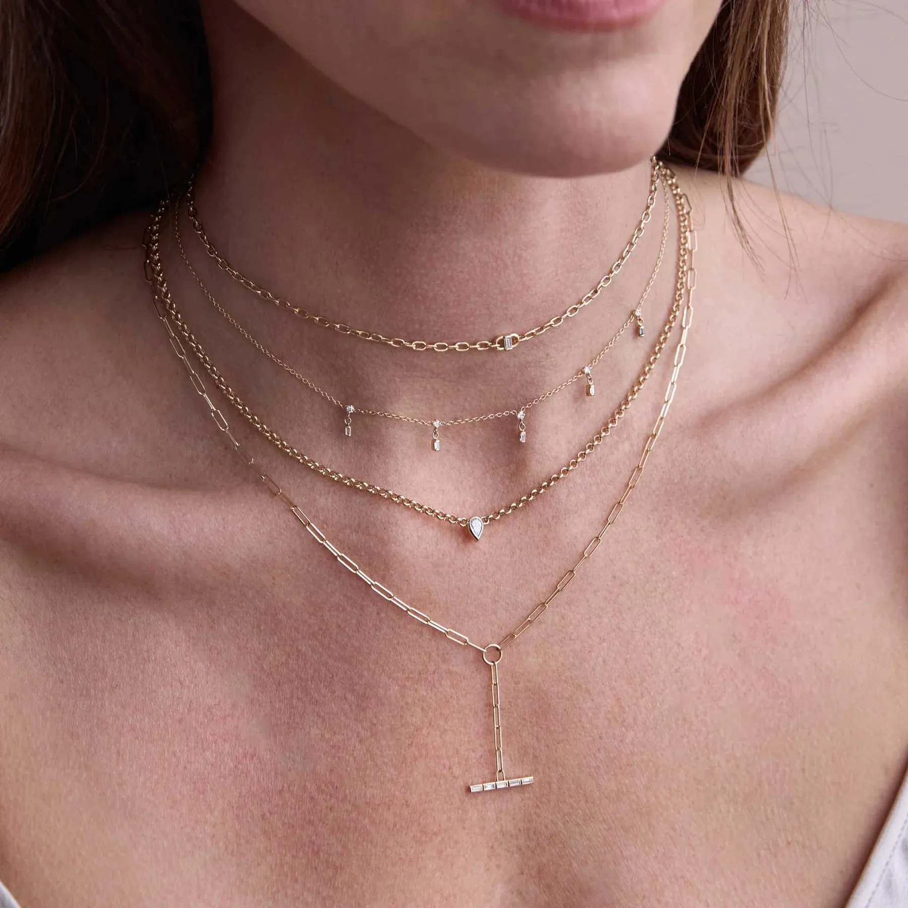 Zoe Chicco Gold Baguette Diamond Open Link Square Oval Chain Necklace